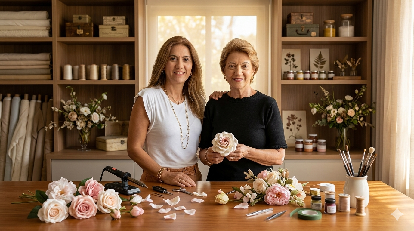 Consuelo e Beatriz Araújo no ateliê Arte em Flores